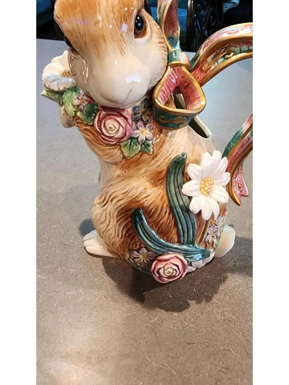 Fitz & Floyd Woodland Spring Rabbit 12.5” Water Pitcher w/ Ribbon Handle Bunny